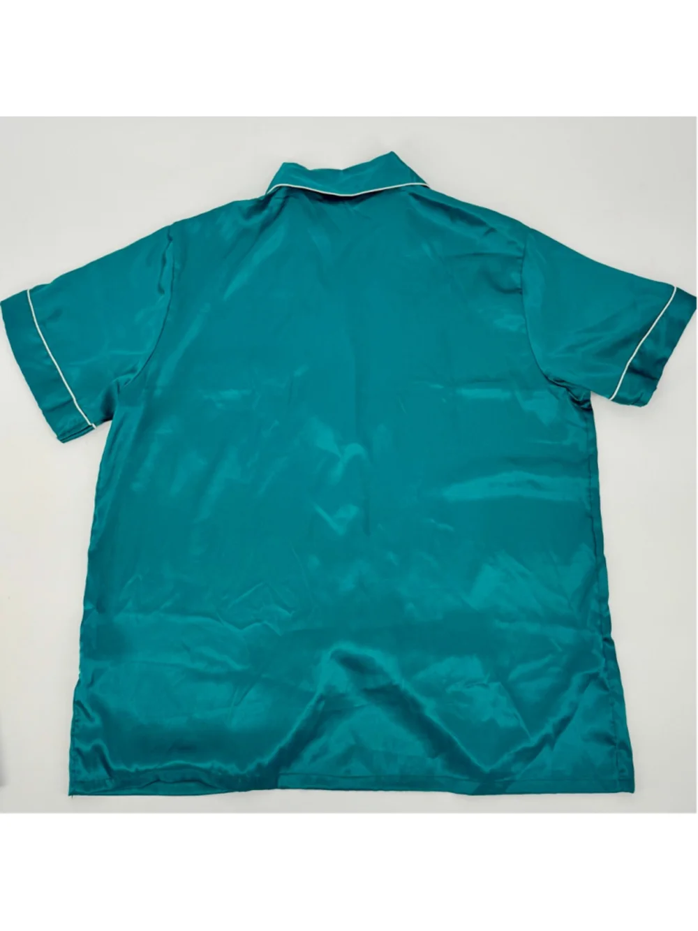 Swomog Teal Green & White Satin Pajama Set L Button Down Short Sleeve